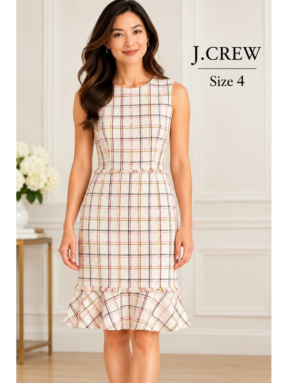 J.Crew | 4 | Ivory Windowpane Tweed Fringe Ruffle Hem Dress